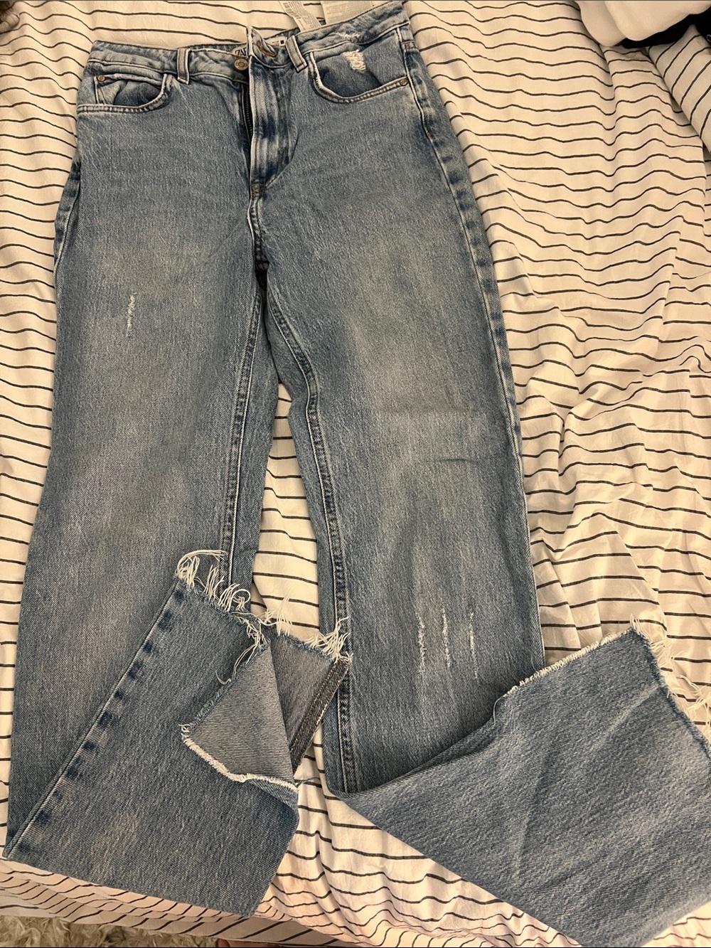 Zara Washed Light Blue Straight-Leg Split Bottom Jeans